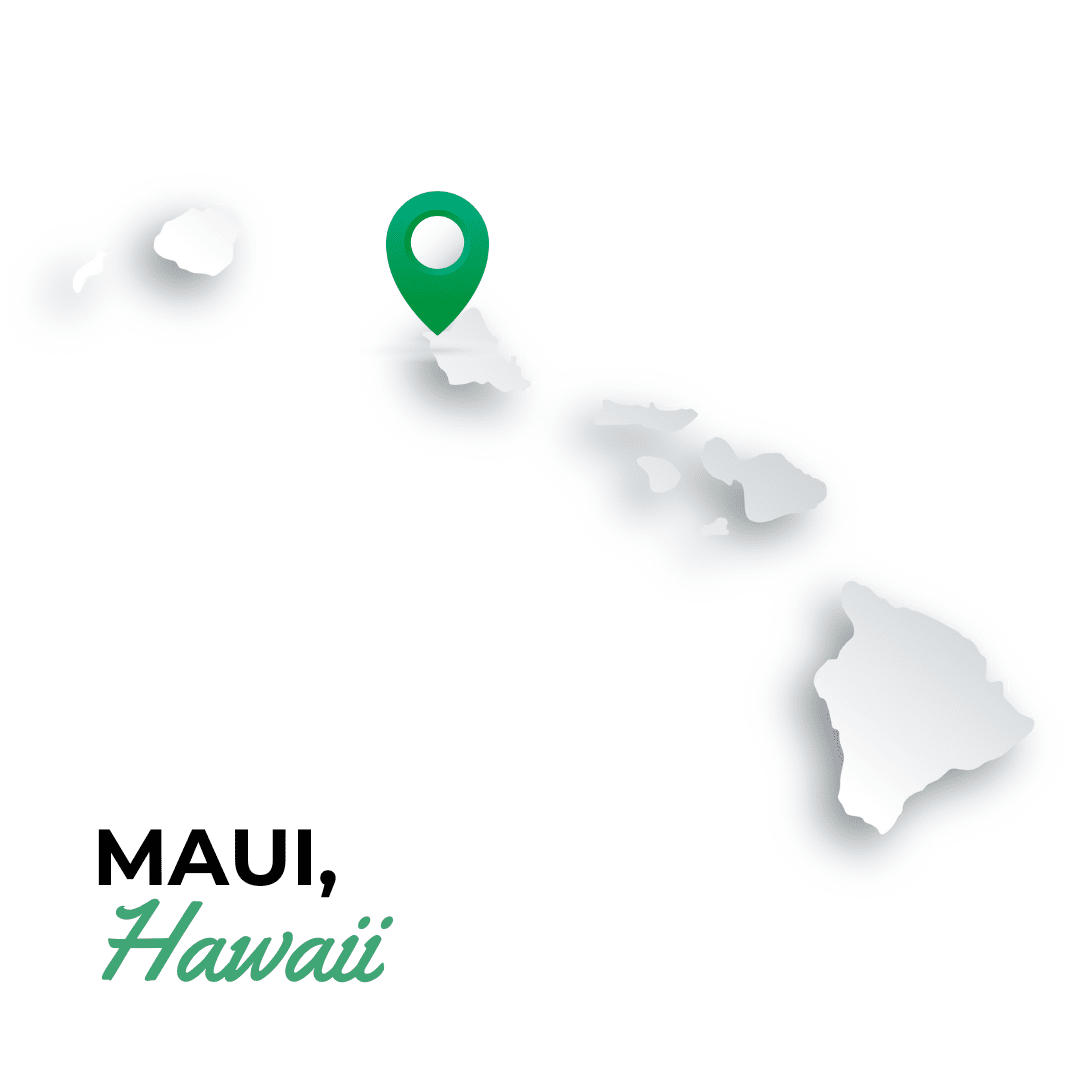 Gravity Golf School in Maui Hawaii with a golfer swinging on a scenic oceanfront course surrounded by palm trees and mountains