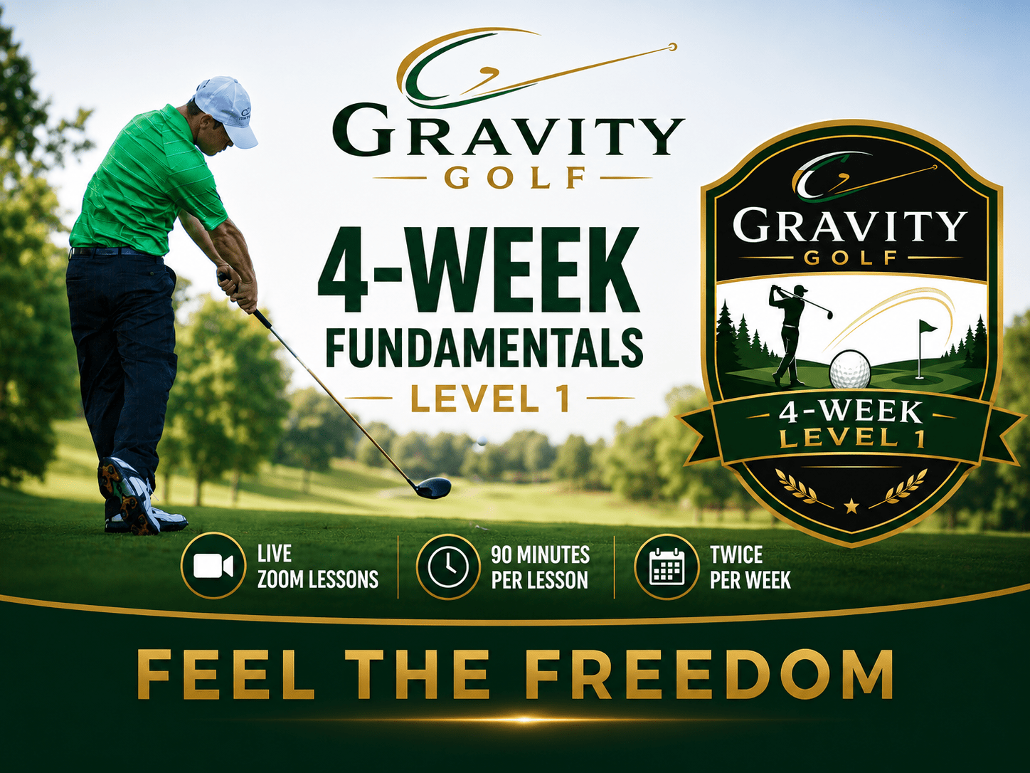 Gravity Golf 4-Week Fundamentals Course featured image with live Zoom golf lessons twice per week